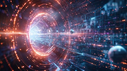 Fototapeta premium Futuristic glowing orange and blue tunnel is flying through digital cyberspace with data stream and light streaks, a concept of future technology