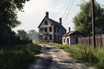Fototapeta premium Abandoned House on Overgrown Road in Rural Setting