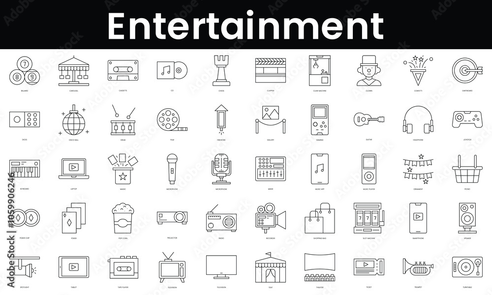 Poster set of outline entertainment icons. minimalist thin linear web icon set. vector illustration.