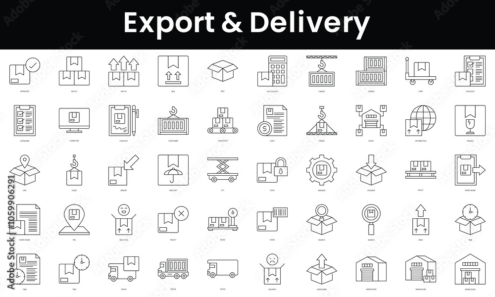 Poster set of outline export and delivery icons. minimalist thin linear web icon set. vector illustration.