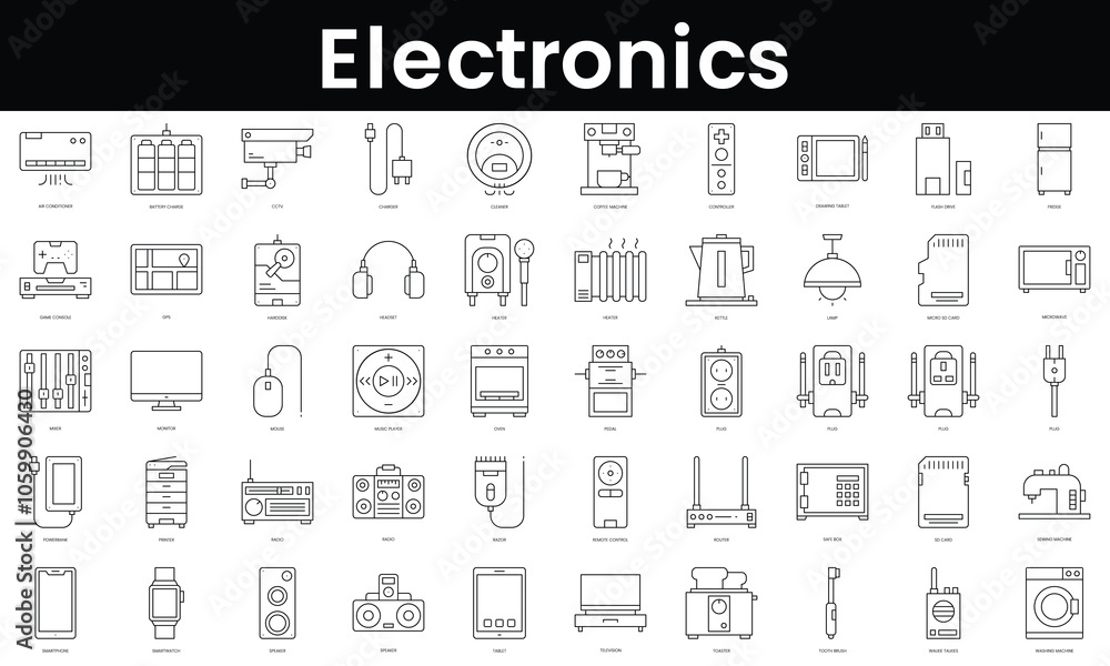 Poster set of outline electronics icons. minimalist thin linear web icon set. vector illustration.