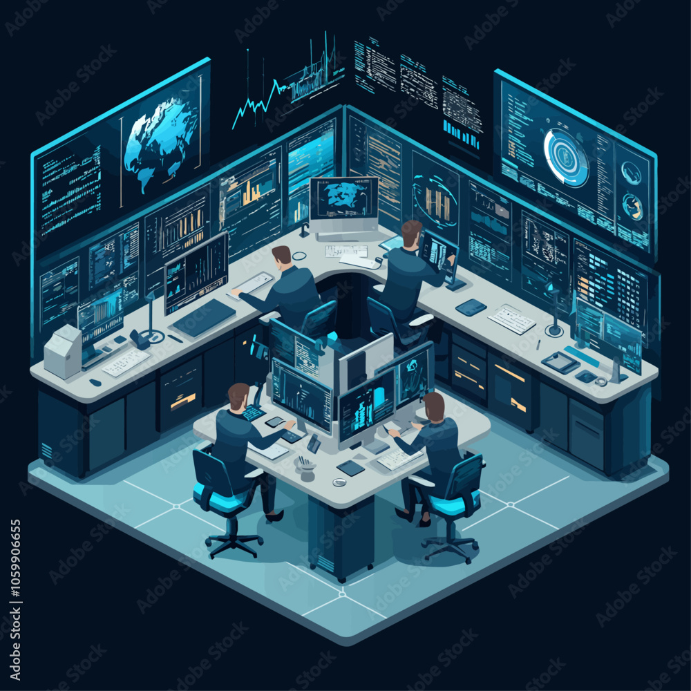 Poster isometric cybersecurity shield protecting data network