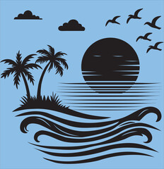 Obraz premium Palpalm tree, silhouette, sunset, tropical, beach, nature, summer, minimalist, graphic design, tropical vibes, vacation, relaxation, landscape, black silhouette, island, pm Tree Silhouette with Sunset