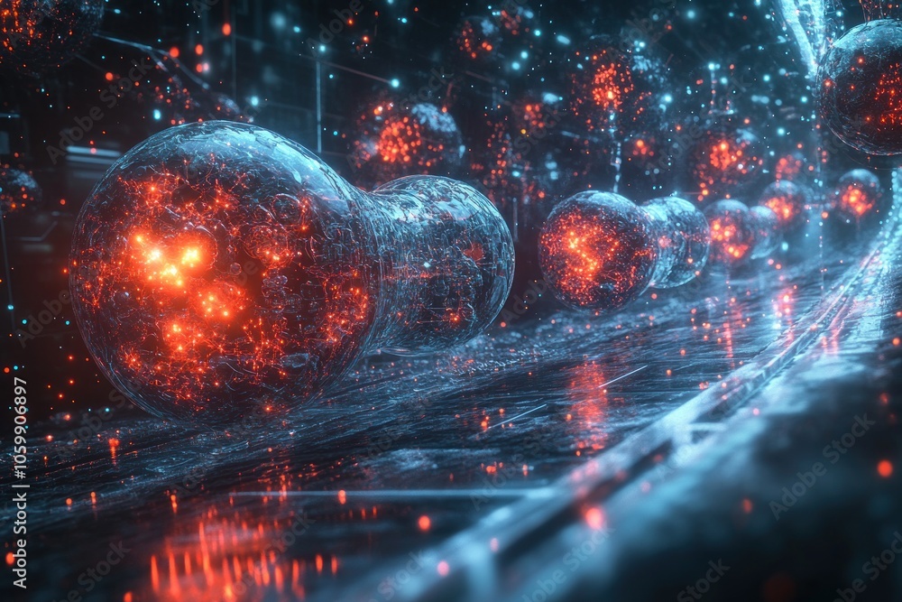 Poster abstract futuristic tunnel with glowing spheres, creating a sense of movement and energy.