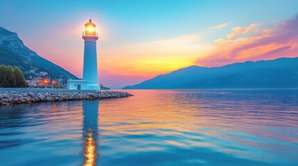 Fototapeta premium A white lighthouse stands tall on a rocky shore as the sun sets over a tranquil bay, casting a golden glow on the water.