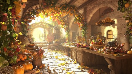Enchanting Autumn Harvest Cooking Scene in Cozy Medieval Cottage Kitchen | Ultra-Detailed 3D Render Illustration