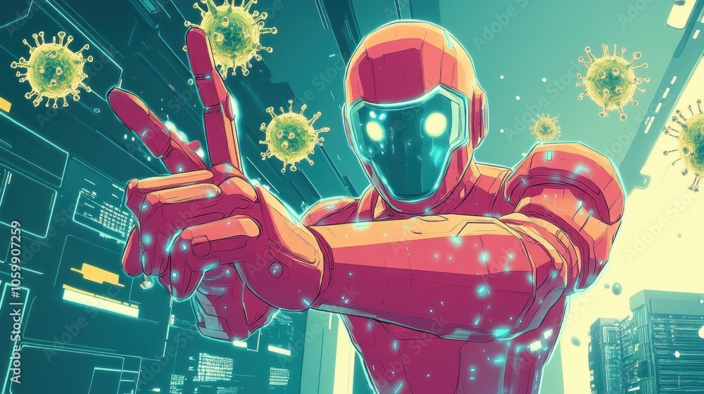 Aufkleber a futuristic robot in red armor with glowing eyes points a finger towards the viewer, amidst a backd