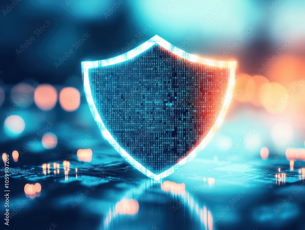 Poster a digital shield symbolizing cybersecurity, with a glowing neon design. the background features abst