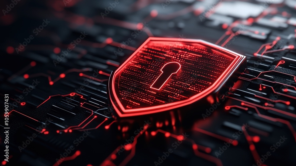 Poster a glowing red shield symbolizing cybersecurity, placed on a dark, digital circuit background, emphas