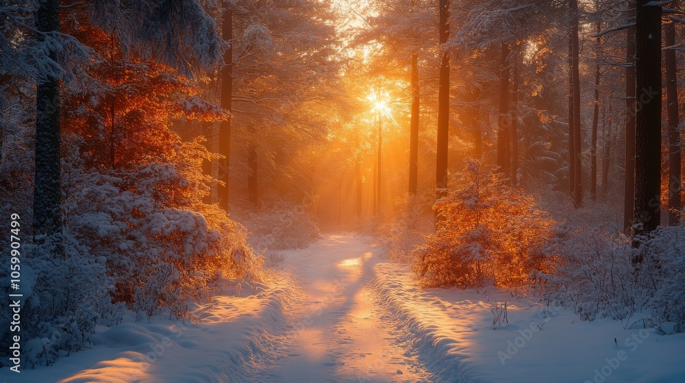 Poster A serene winter morning reveals a forest path illuminated by soft golden sunlight. Snow blankets the ground and trees, creating a peaceful atmosphere.