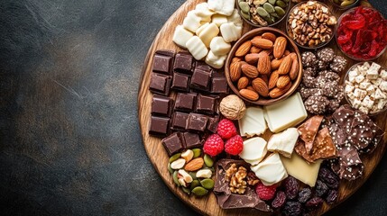 Obraz premium Assorted Gourmet Chocolates and Nuts on Wooden Board