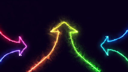 3d render, abstract minimalist geometric background. Colorful neon ascending Up arrow, linear sign