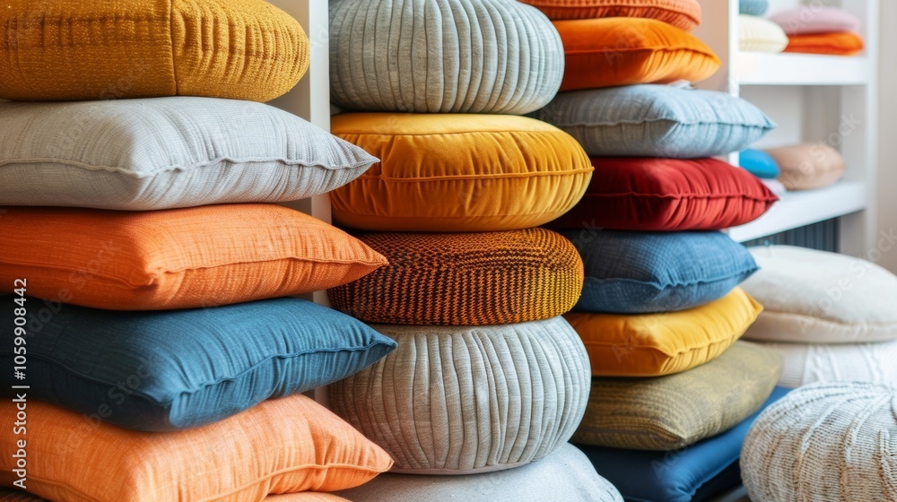 Poster soft furnishings in a variety of colors, textures and sizes are stacked neatly on a shelf, creating 