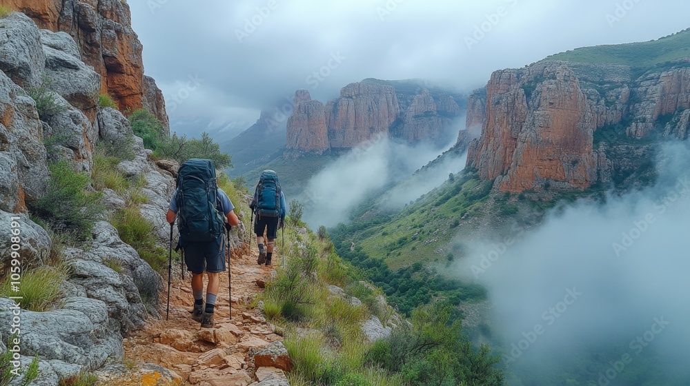 Aufkleber Two hikers navigate a rocky pathway, surrounded by impressive cliffs and rolling mist in a mountainous area. The cloudy weather adds a mysterious charm to their adventure.