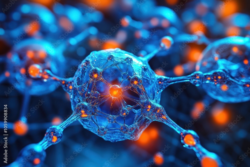 Poster a 3d rendering of a molecule, with a blue and orange color scheme, showing the atoms connected by bo