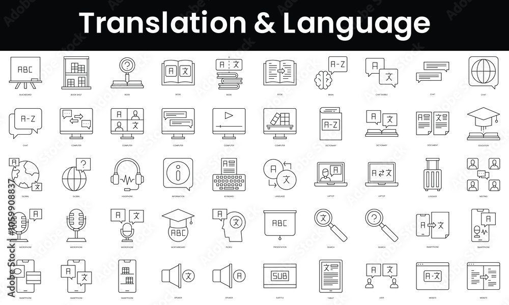 Poster set of outline translation and language icons. minimalist thin linear web icon set. vector illustrat