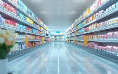 Blurry shopping shelves in supermarkets and department stores realistic image, ultra hd, high design very detailed