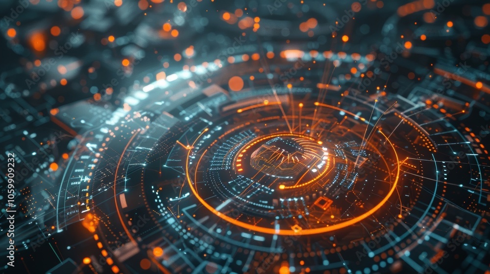 Poster futuristic circular interface with glowing orange and blue lights processing data and showing comple