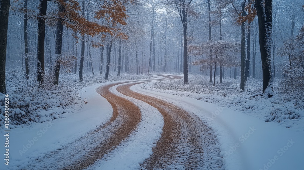 Poster a winding dirt road meanders through a tranquil forest blanketed in fresh snow. tall trees create a 