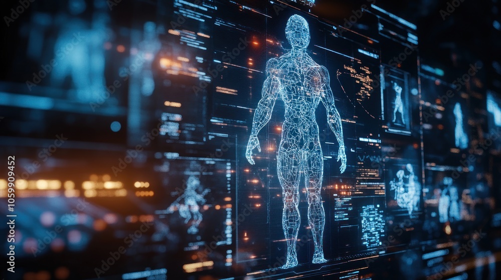 Poster a digital representation of a human body with glowing lines and data displayed on a screen.