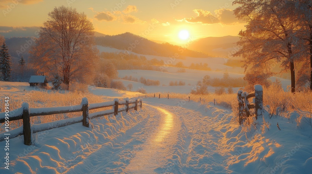 Poster a tranquil winter scene showcases a snow-covered pathway winding through a landscape. the sun sets b