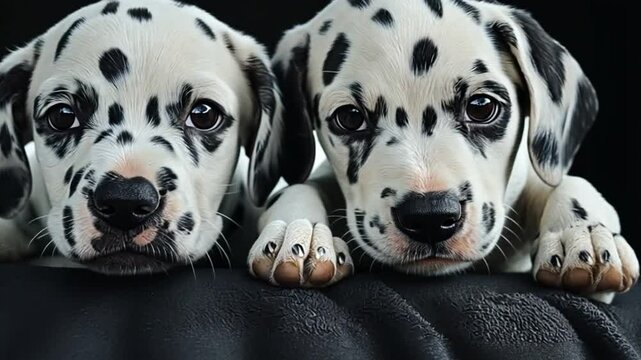 Two adorable Dalmatian puppies having fun.