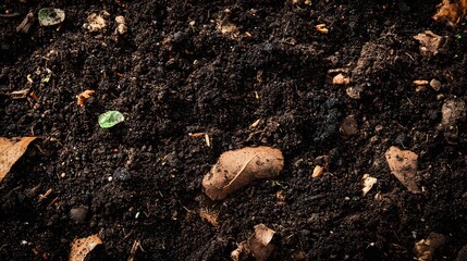 Composting soil with visible decomposing organic matter, nutrients being released, rich textures, highlighting sustainable soil enrichment.