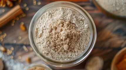 A jar of buckwheat flour showcasing its versatile use in both sweet and savory dishes.