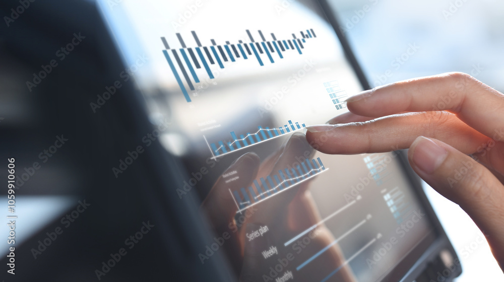 Poster businessman using digital tablet analyzing sales data and financial growth graph chart report. busin