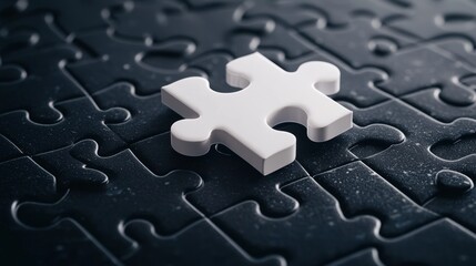 A single white puzzle piece sits alone on a dark jigsaw puzzle background, emphasizing the concept of fitting pieces together.