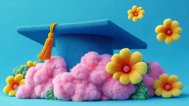 A blue and pink graduation cap with a yellow tassel is surrounded by pink and yellow flowers