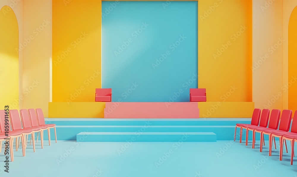 Poster a vibrant stage setup with colorful walls and seating for an event.