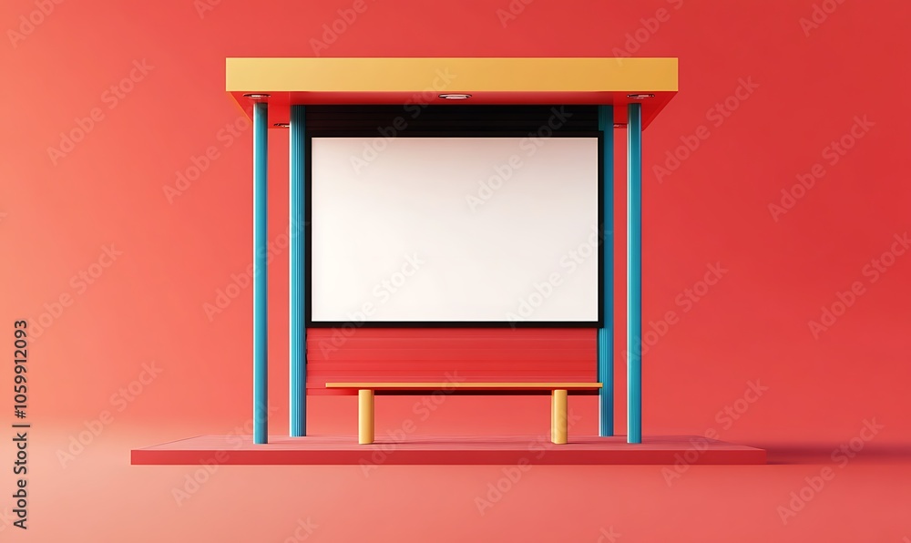 Poster a colorful bus stop shelter with a blank screen and a bench.