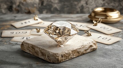 Glowing diamond with price tags surrounding it, symbolizing cost perception in luxury markets