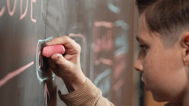 Closeup of smart student or boy writing prompt on blackboard. Child plan project and setting engineering system and brainstorm creative idea wrote on blackboard. Focus on hand. Site view. Erudition.