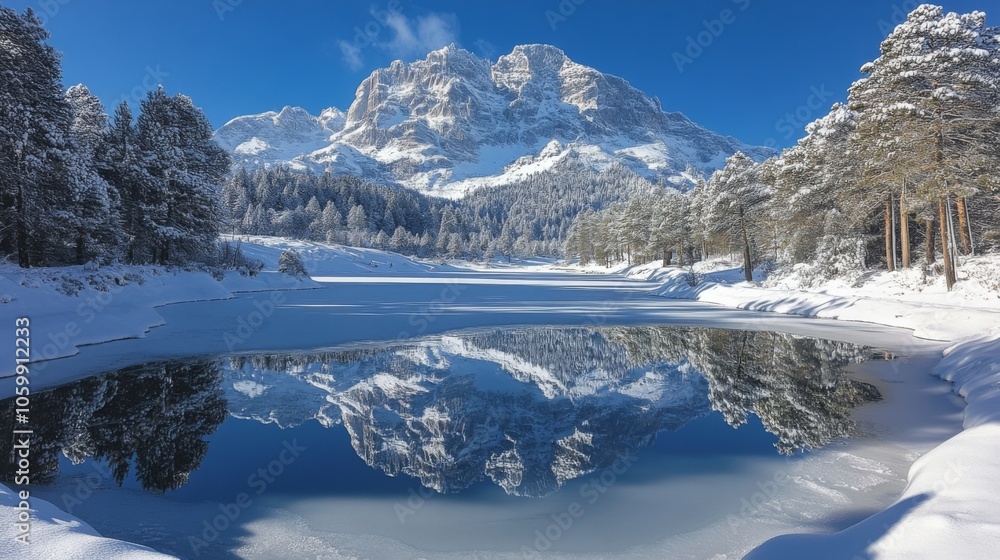 Poster a tranquil winter morning features snow-covered mountains reflecting in a still lake. tall pine tree