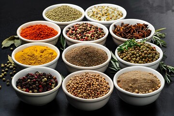 Spices and herbs on black background