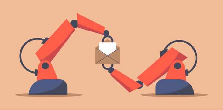 AI Mailbox message management automation and antispam filter with AI service. Robotic arm holding envelope with email letter to receive and send digital correspondence. Flat vector illustration.