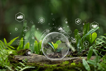 Renewable energy and Environmental protection. sustainable energy sources and sustainable development. Young plants are growing in the world with icons energy sources for renewable. Save the World.