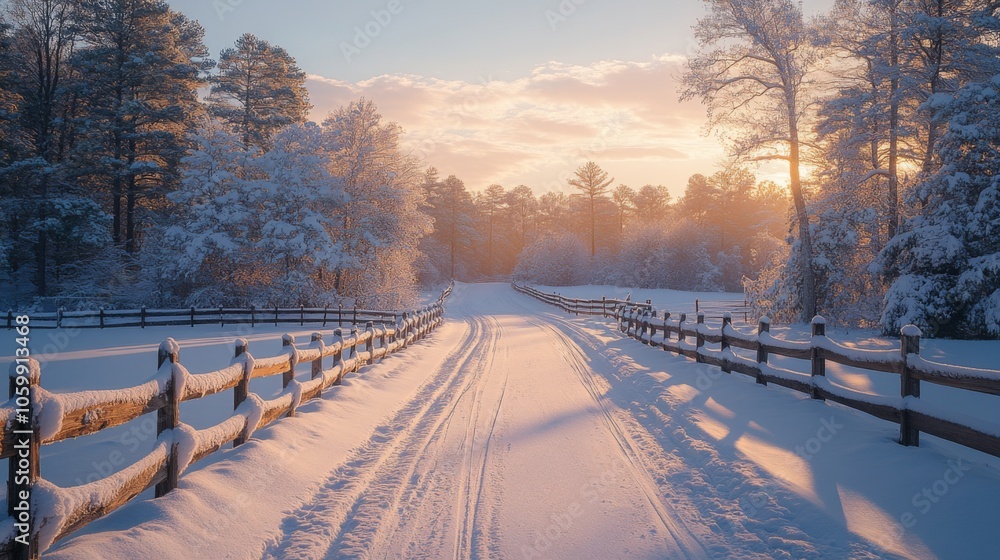 Poster a tranquil path covered in fresh snow leads through a snowy forest as the sun sets, casting warm lig