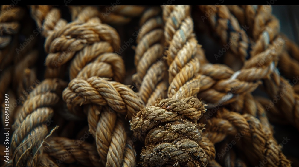 Poster thick hemp rope is laying in a pile creating an abstract pattern of lines and knots. the nautical ro