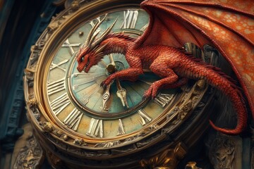 Fototapeta premium A red dragon with golden horns perches on a clock face, its claws wrapped around the minute hand, its wings spread wide, almost touching the clock's rim.