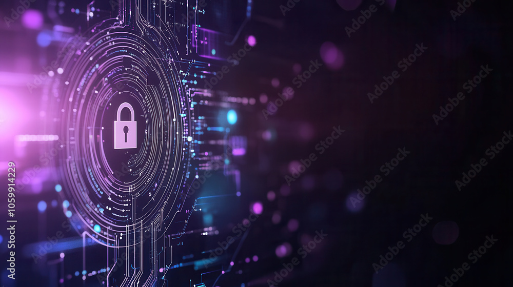 Poster digital lock symbol on dark background with abstract technology elements, representing security and 