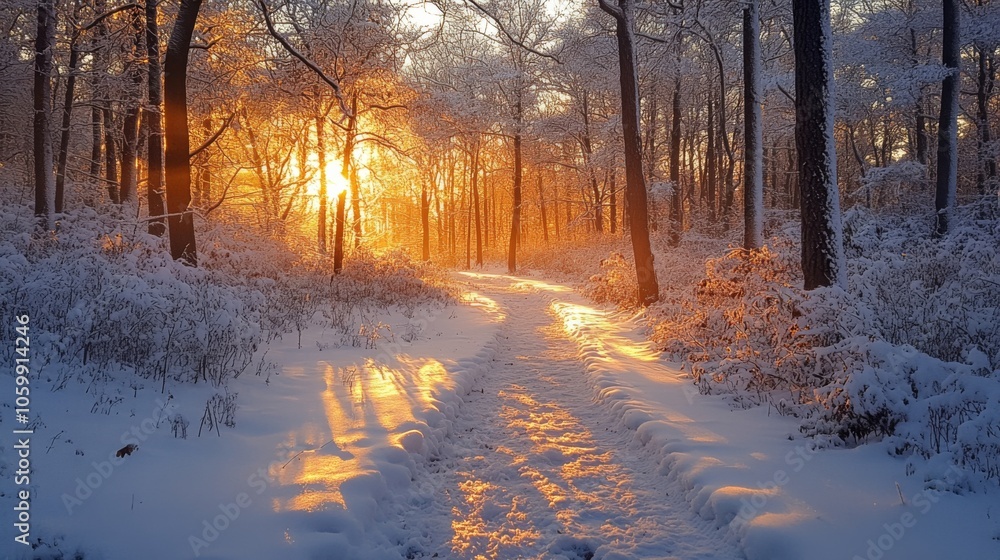 Poster The tranquil path in a snow-covered forest glows in the warm light of the sunset, creating a serene atmosphere perfect for a winter stroll.