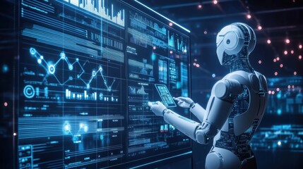 Obraz premium AI, Big Data, and business analytics icons represent the integration of advanced technology in analyzing graphs, business data, and market trends, driving strategic decisions and innovative solutions
