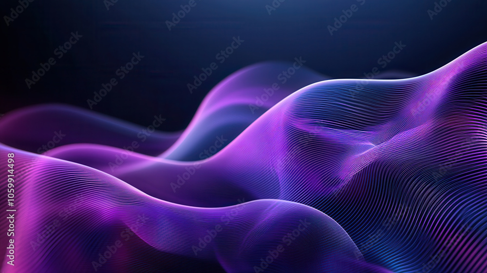 Poster abstract waves in purple and blue tones create dynamic visual effect, evoking sense of movement and 