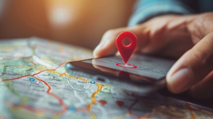 Naklejka premium Smartphone with map, 3D Map pins, GPS, navigator pin checking points, 3D World Map icon, technology and application mobile smart phone with mobile, delivery tracking, transportation, generate by AI