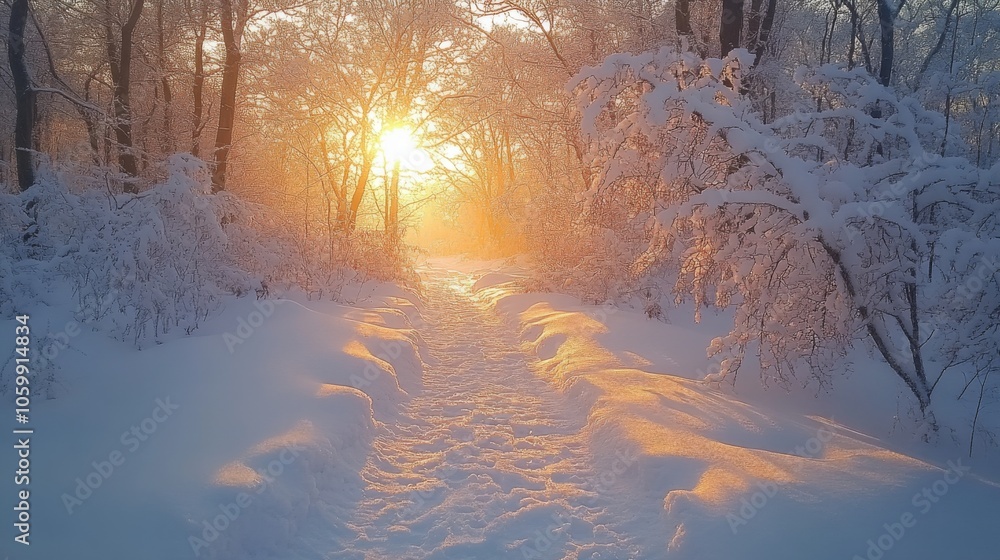 Aufkleber A tranquil pathway covered in fresh snow weaves through a winter forest, with sunlight filtering through frosted trees at dawn, creating a magical atmosphere.