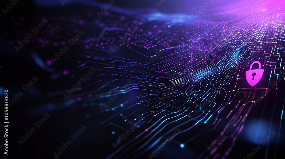 Poster abstract lock symbol on dark background with digital lines and glowing lights, representing security