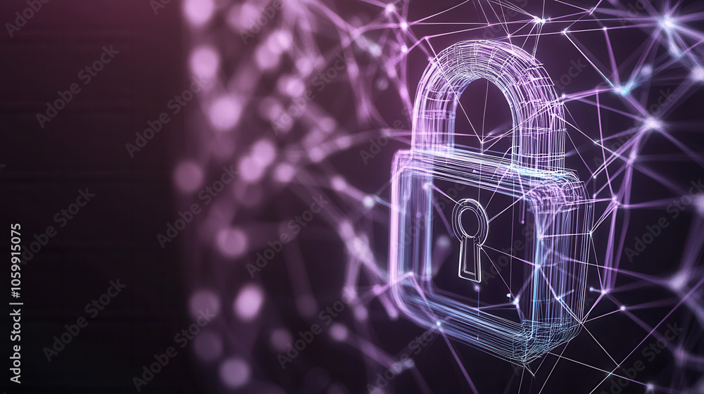 Poster abstract lock symbol illuminated against dark background, representing security and technology. intr